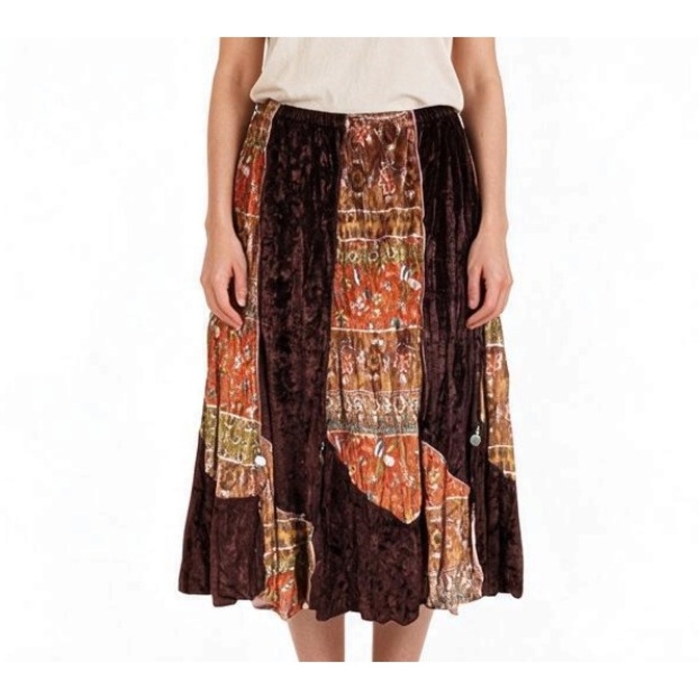 VTG Y2K CHERRY VELVET Floral Sari PATCHWORK Beaded Tassels A-LINE SKIRT Sz M